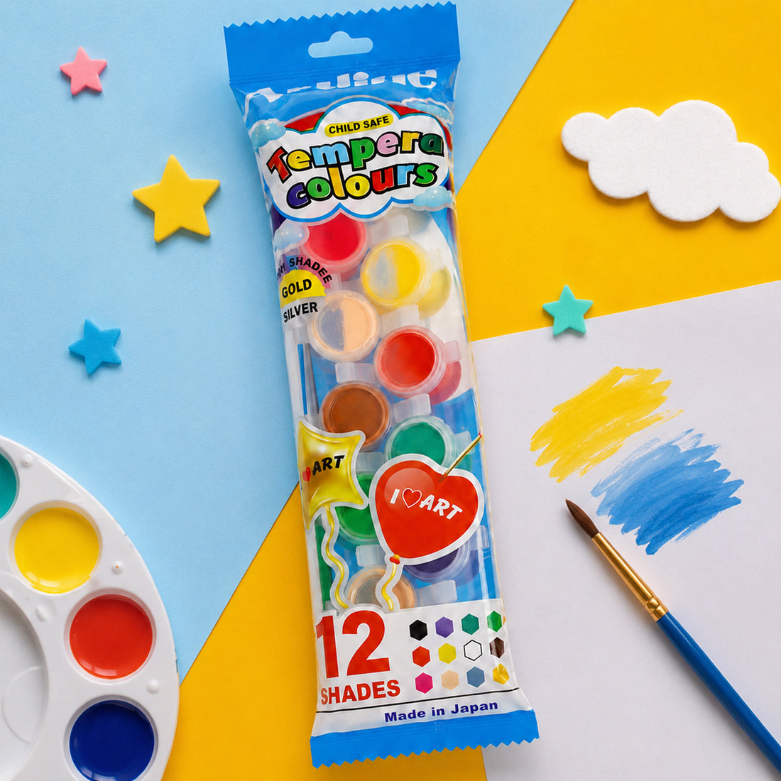 Artline Child Safe Tempera Colours Paint Set – 12 Shades with Free Brush (Pack of 4)