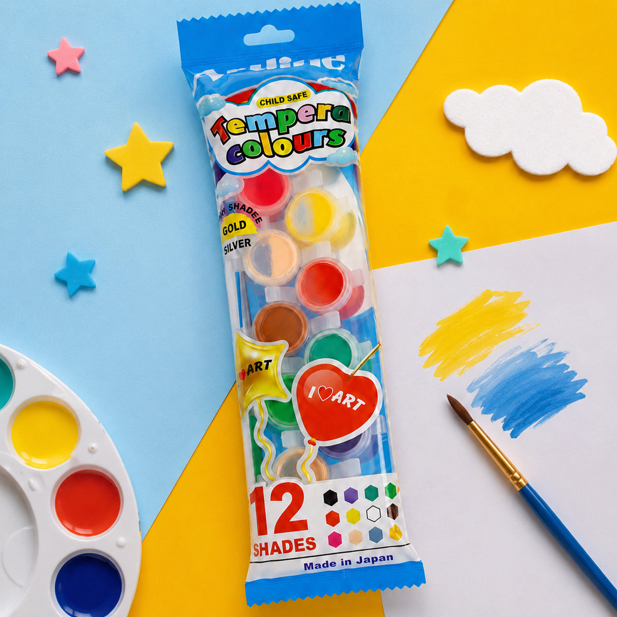 Artline Child Safe Tempera Colours Paint Set – 12 Shades with Free Brush (Pack of 4)