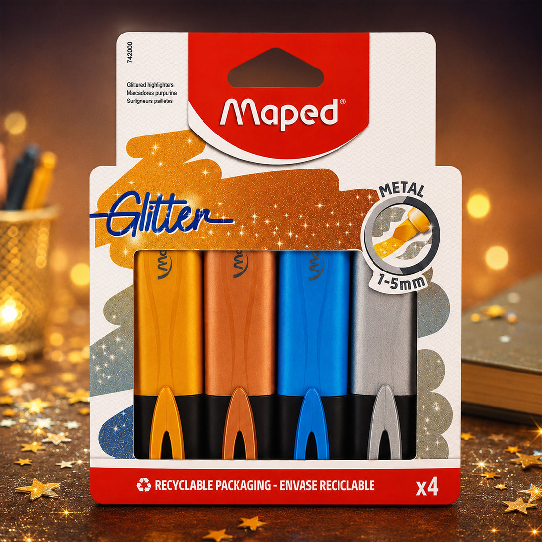 Maped Metal Glitter Highlighter — 4 Assorted Colors, 1.5 mm Tip