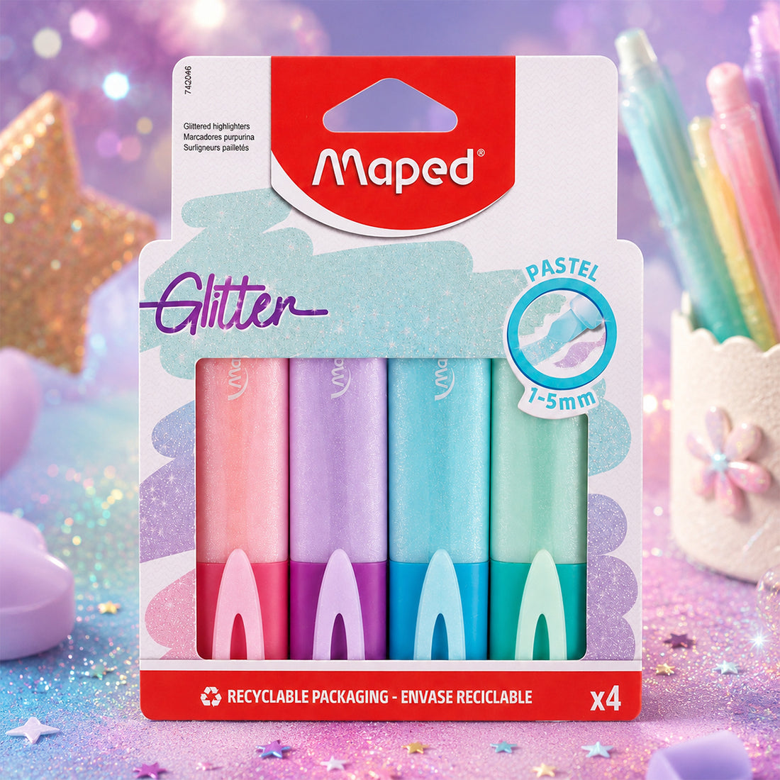 Maped Pastel Glitter Highlighter — 4 Assorted Pastel Colors, 1.5 mm Tip