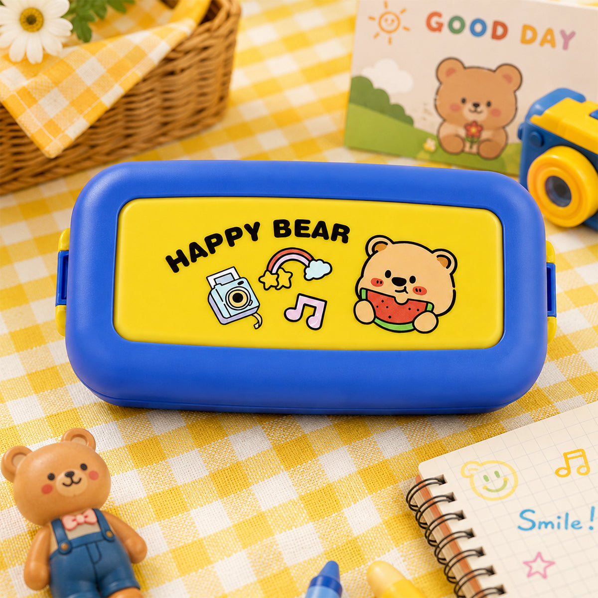 Cute Cartoon Design 3-Compartment Kids Lunch Box with Fork & Spoon – Green, Blue, Pink | The Writershub.in | Bento Style, Leak-Resistant