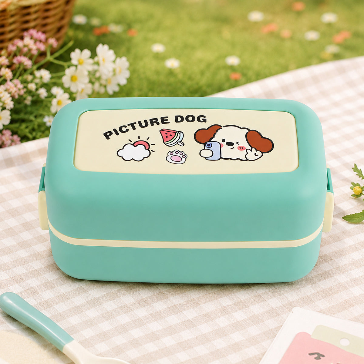 Cute Cartoon Design 3-Compartment Kids Lunch Box with Fork & Spoon – Green, Blue, Pink | The Writershub.in | Bento Style, Leak-Resistant