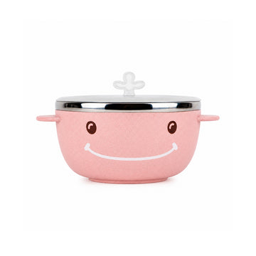 Little Warm Whale Kids Stainless Steel Feeding Bowl Set with Suction Base – 380ml | Pink | 304 Steel, Wheat Fibre, Spoon & Fork