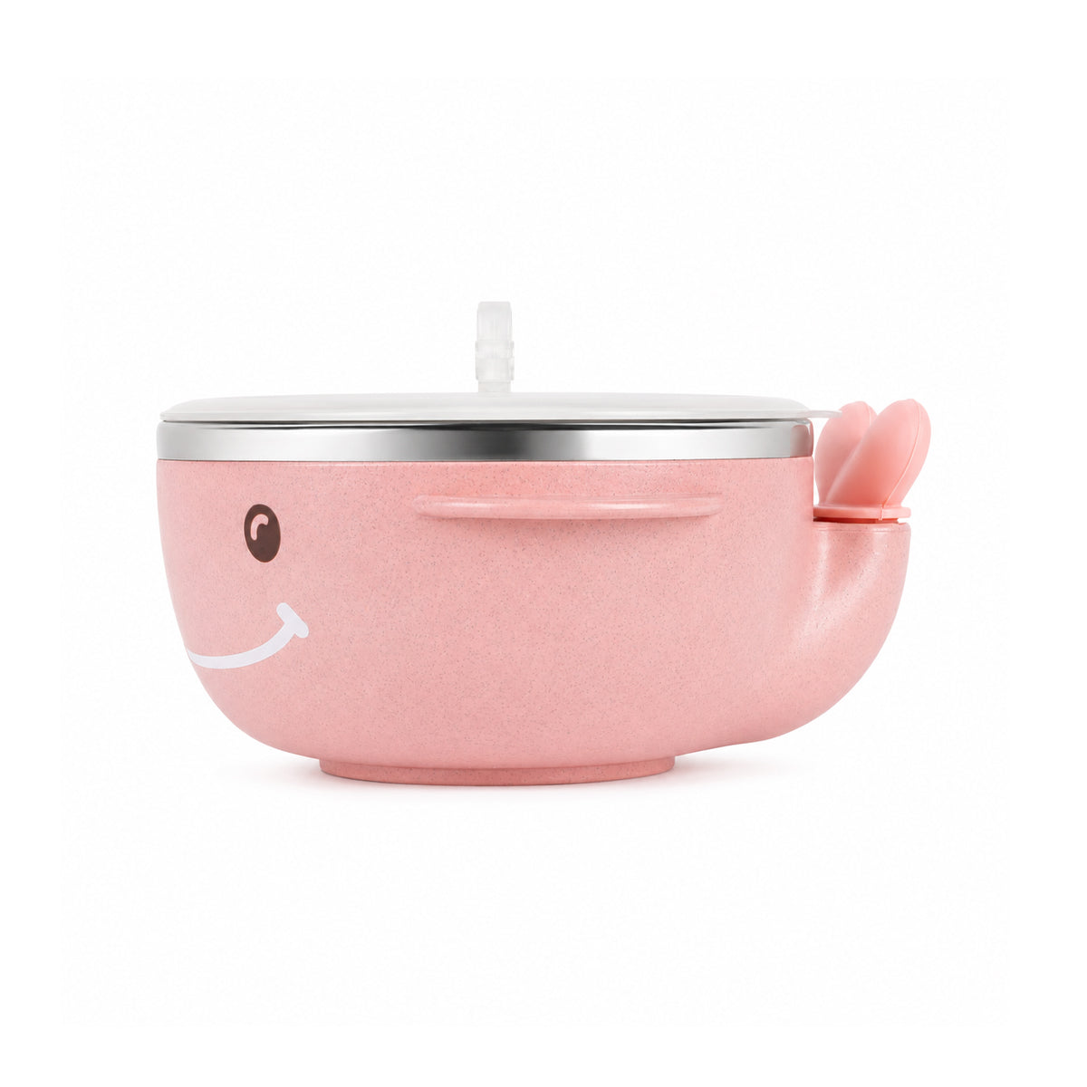 Little Warm Whale Kids Stainless Steel Feeding Bowl Set with Suction Base – 380ml | Pink | 304 Steel, Wheat Fibre, Spoon & Fork