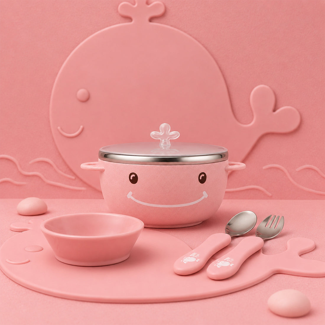 Little Warm Whale Kids Stainless Steel Feeding Bowl Set with Suction Base – 380ml | Pink | 304 Steel, Wheat Fibre, Spoon & Fork