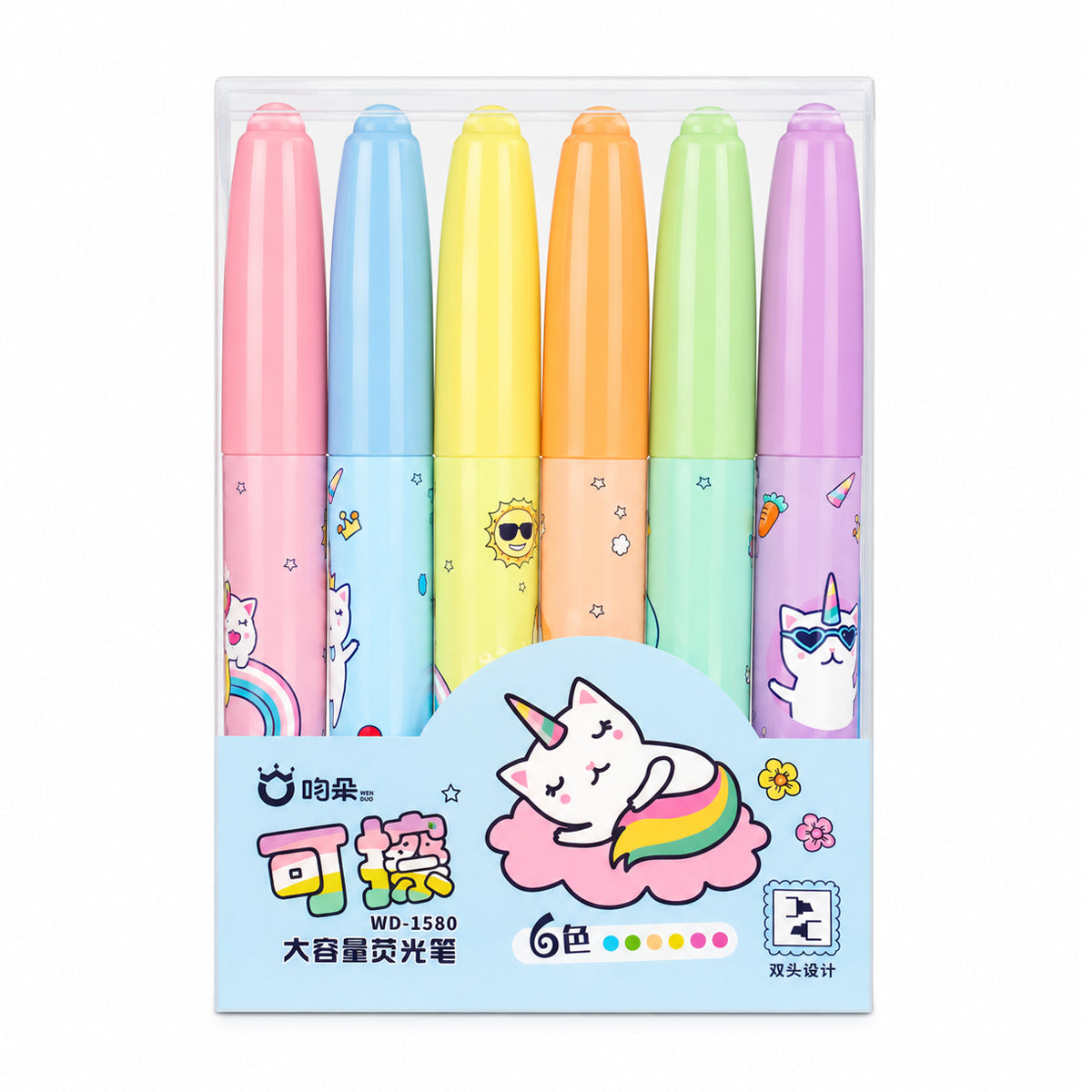 Duo Erasable Large Capacity Highlighter Pen – 6-Count Multicolor Set (WD-1580)