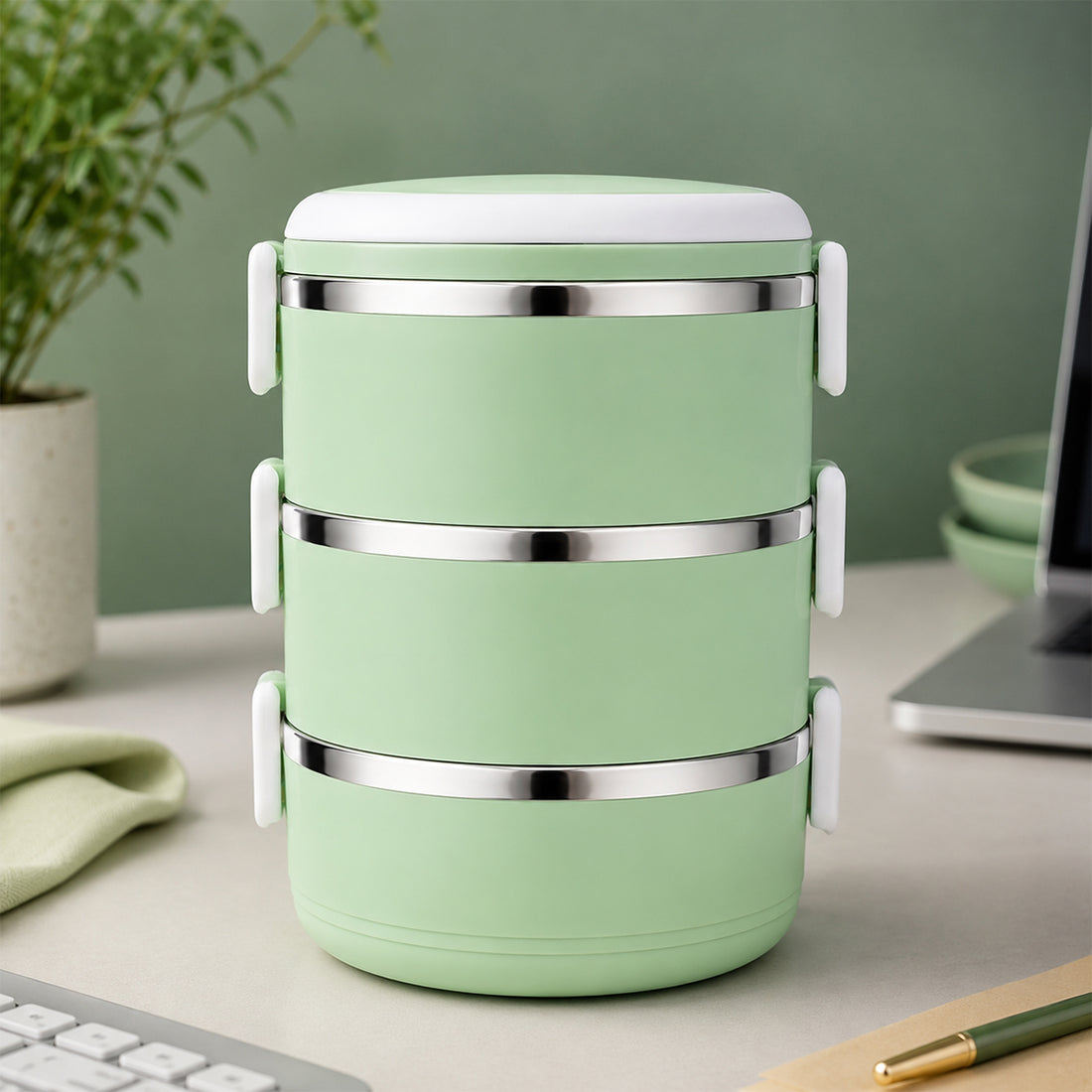 3 in 1 Stainless Steel Insulated Lunch Box – 1200ml Green | The Writershub | 3-Layer, Stackable, Leak-Resistant