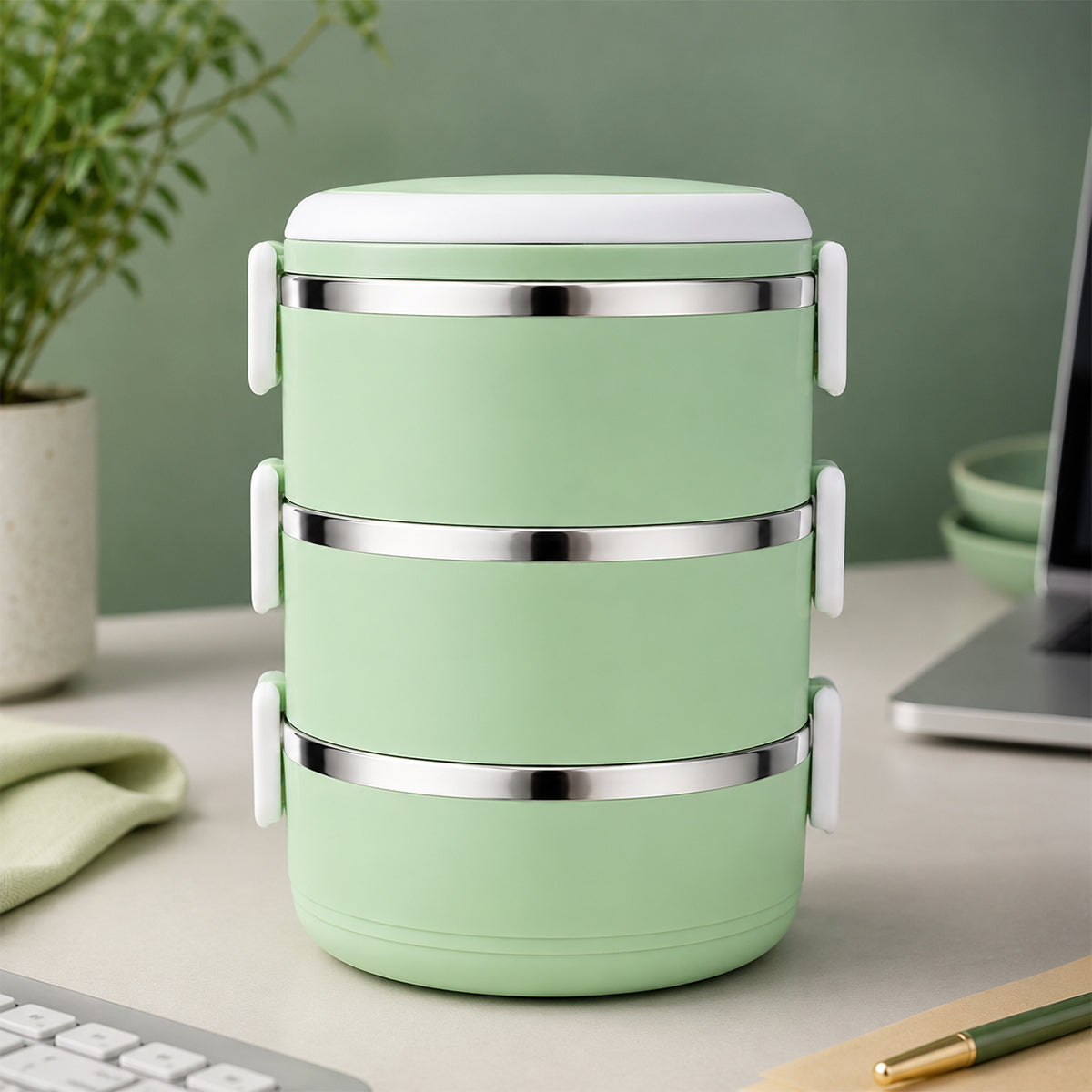 3 in 1 Stainless Steel Insulated Lunch Box – 1200ml Green | The Writershub | 3-Layer, Stackable, Leak-Resistant