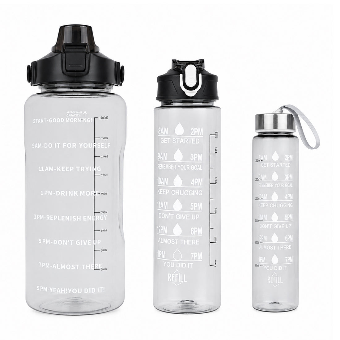 3 in 1 Motivational Water Bottle Set with Time Markers & Straw – 2L, 900ml, 300ml | Purple, Peach, Grey | The Writershub | BPA-Free, Leakproof, Nesting Design