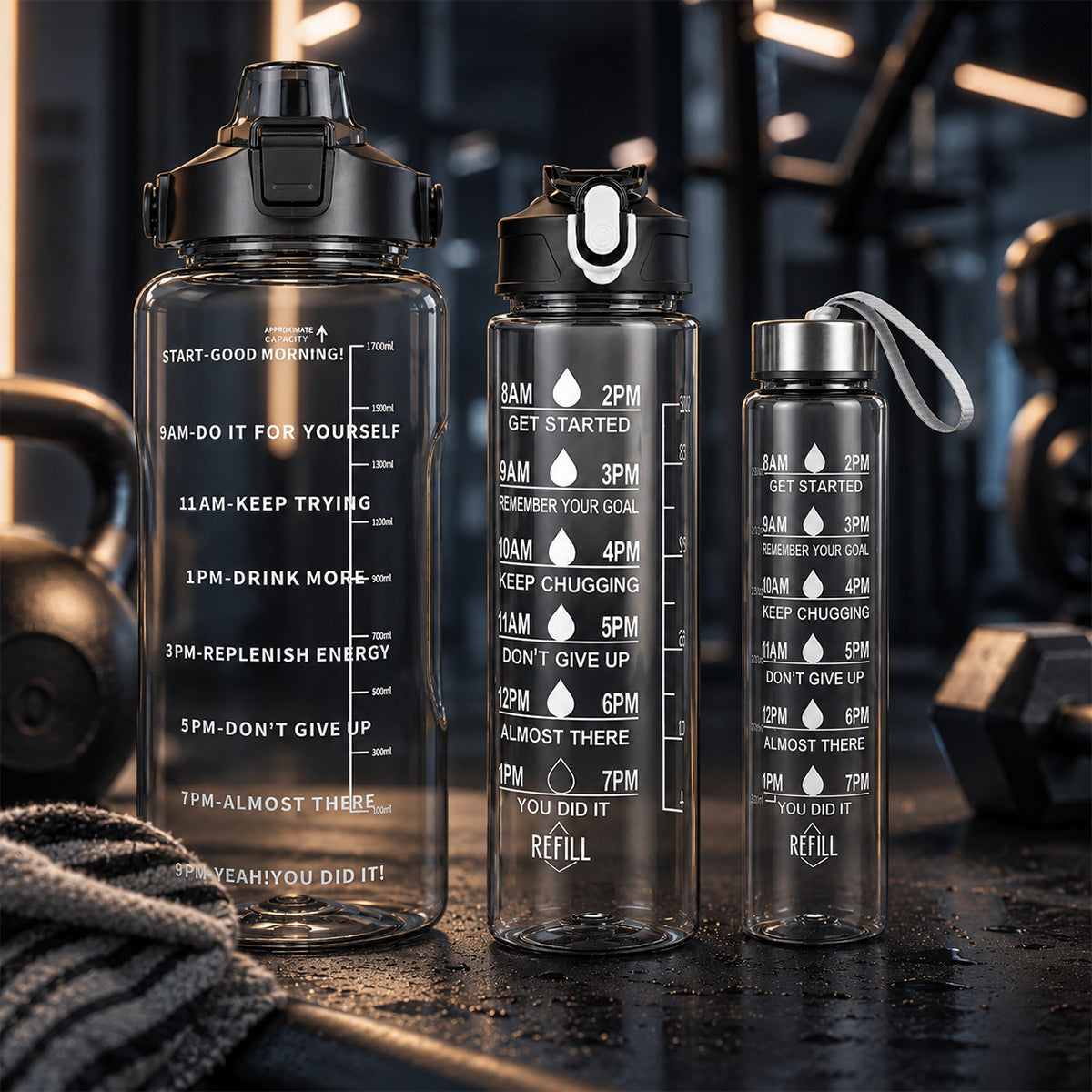 3 in 1 Motivational Water Bottle Set with Time Markers & Straw – 2L, 900ml, 300ml | Purple, Peach, Grey | The Writershub | BPA-Free, Leakproof, Nesting Design
