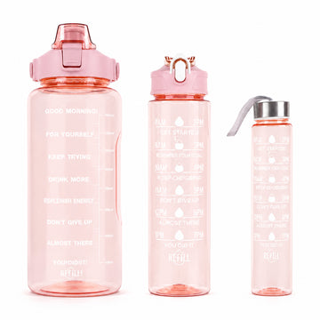 3 in 1 Motivational Water Bottle Set with Time Markers & Straw – 2L, 900ml, 300ml | Purple, Peach, Grey | The Writershub | BPA-Free, Leakproof, Nesting Design