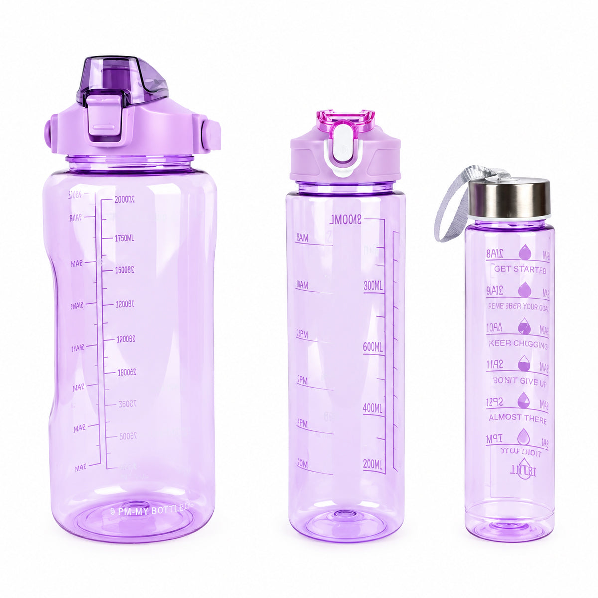 3 in 1 Motivational Water Bottle Set with Time Markers & Straw – 2L, 900ml, 300ml | Purple, Peach, Grey | The Writershub | BPA-Free, Leakproof, Nesting Design