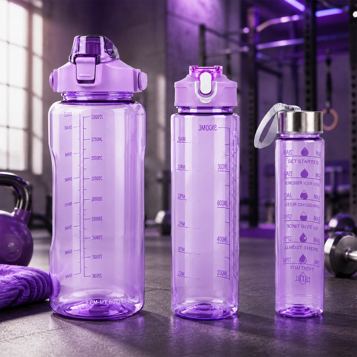 3 in 1 Motivational Water Bottle Set with Time Markers & Straw – 2L, 900ml, 300ml | Purple, Peach, Grey | The Writershub | BPA-Free, Leakproof, Nesting Design