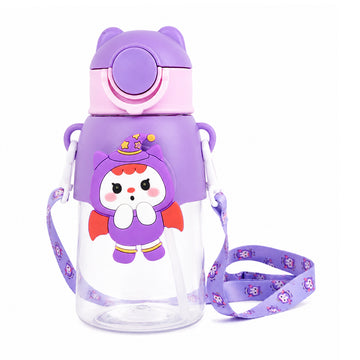 Cute Witch Character Water Bottle with Straw & Strap – 500ml, Purple