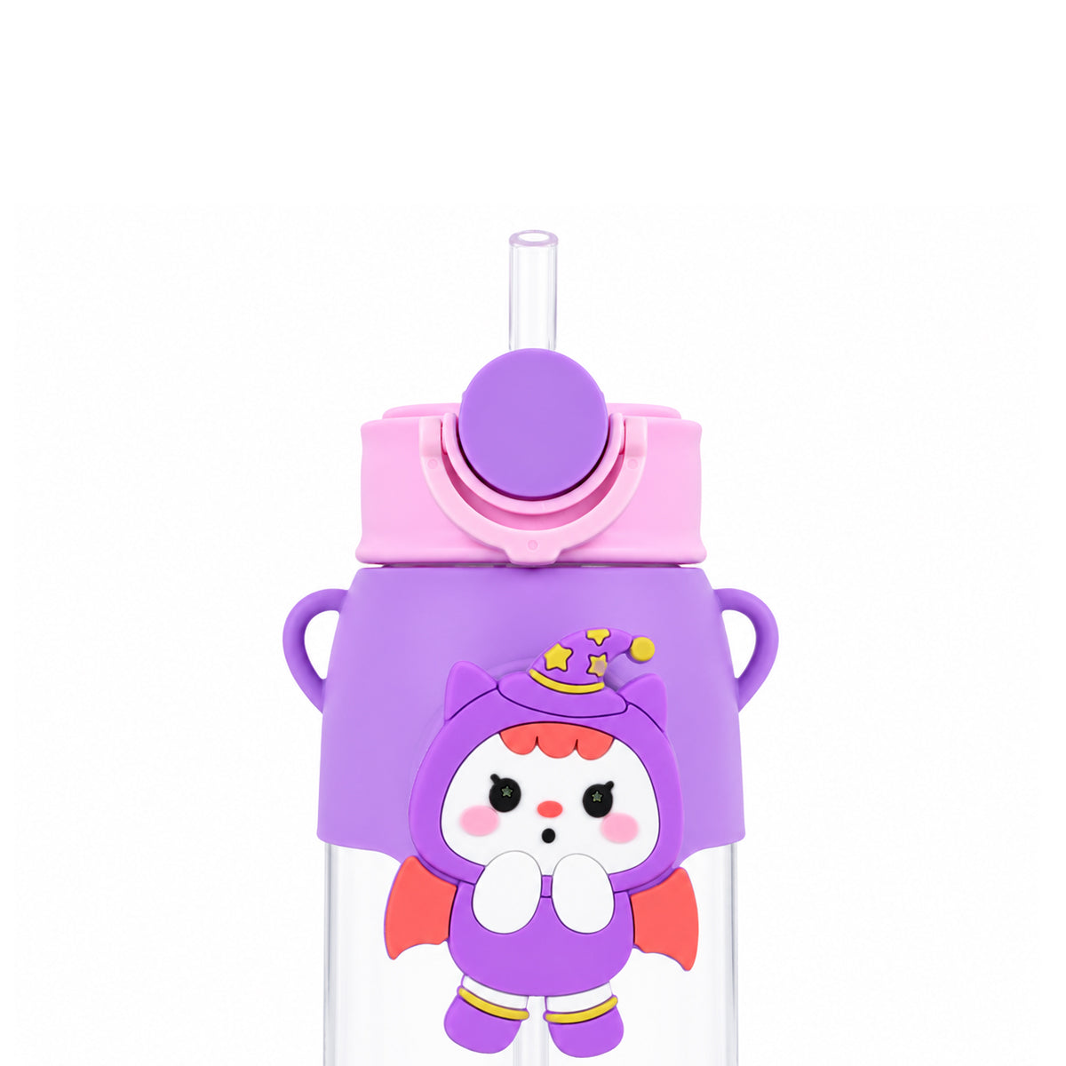 Cute Witch Character Water Bottle with Straw & Strap – 500ml, Purple