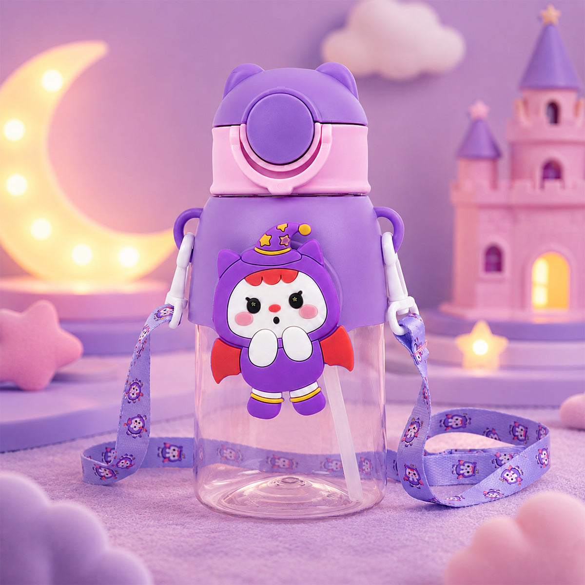 Cute Witch Character Water Bottle with Straw & Strap – 500ml, Purple