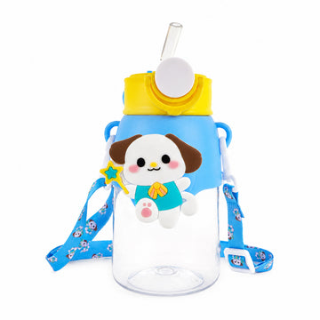 Kids Cute Cartoon Puppy Water Bottle with Straw & Strap – 500ml Blue | The Writershub | 3D Design, Flip-Top Lock, School-Ready