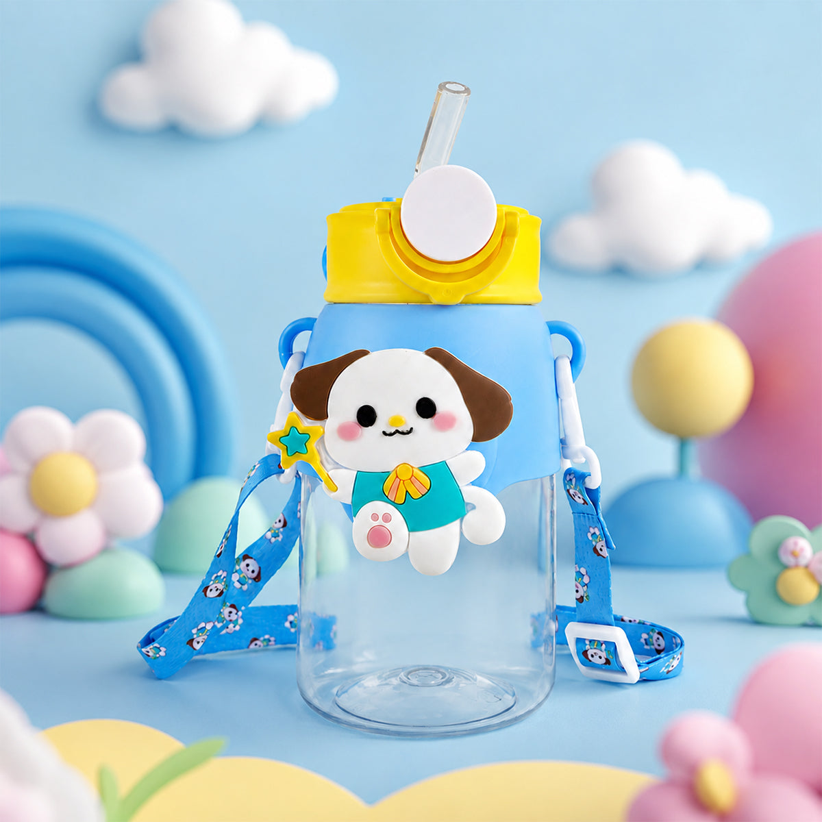 Kids Cute Cartoon Puppy Water Bottle with Straw & Strap – 500ml Blue | The Writershub | 3D Design, Flip-Top Lock, School-Ready