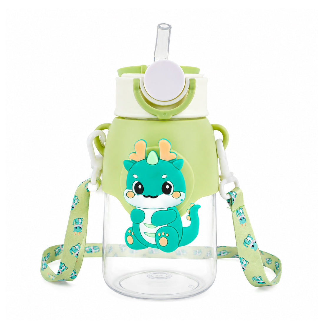 Cute Dragon Character Water Bottle with Straw & Strap – 500ml, Green