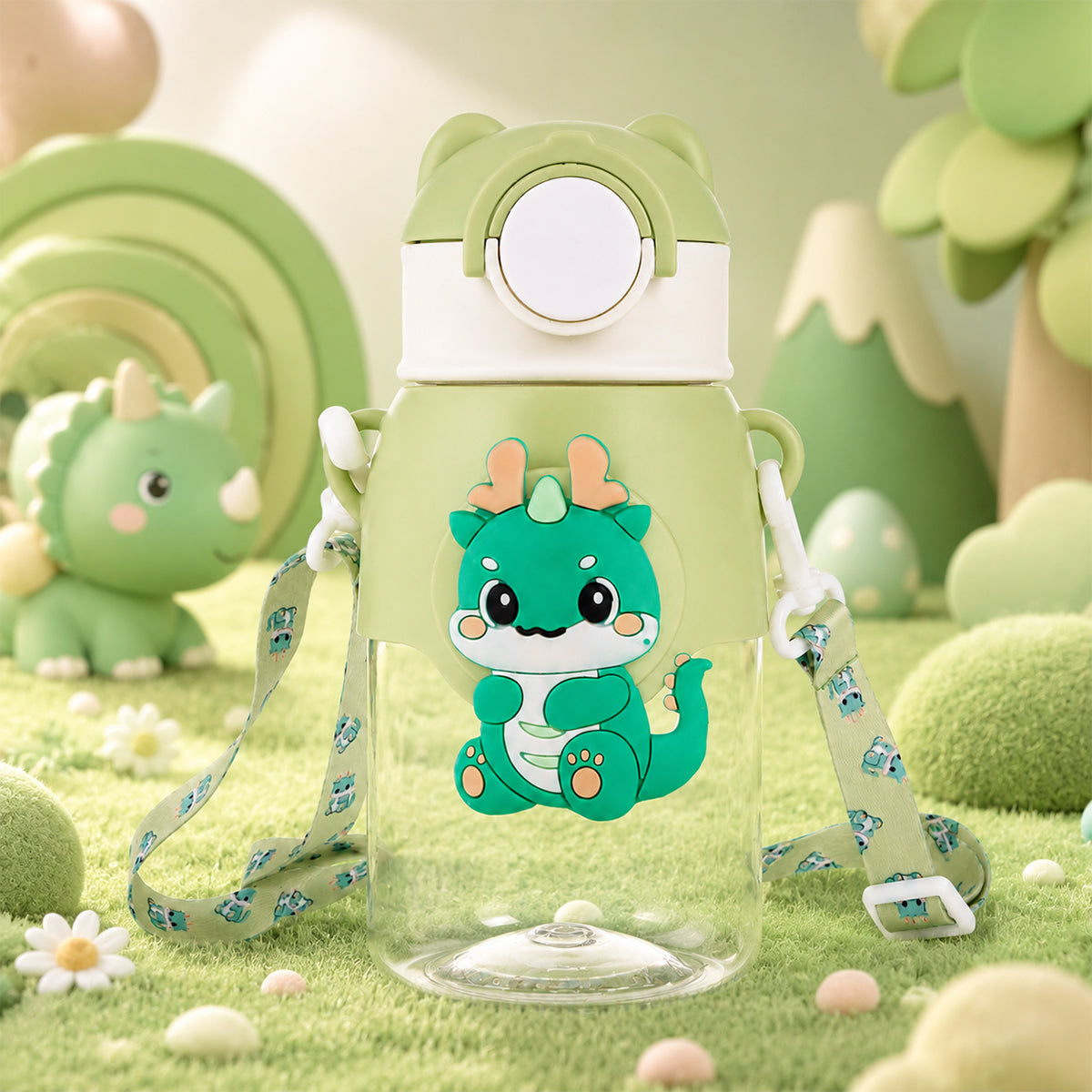 Cute Dragon Character Water Bottle with Straw & Strap – 500ml, Green