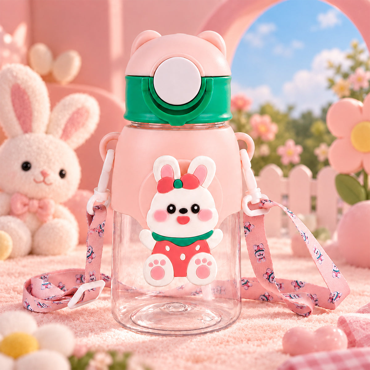 Cute Bunny Character Water Bottle with Straw & Strap – 500ml, Peach