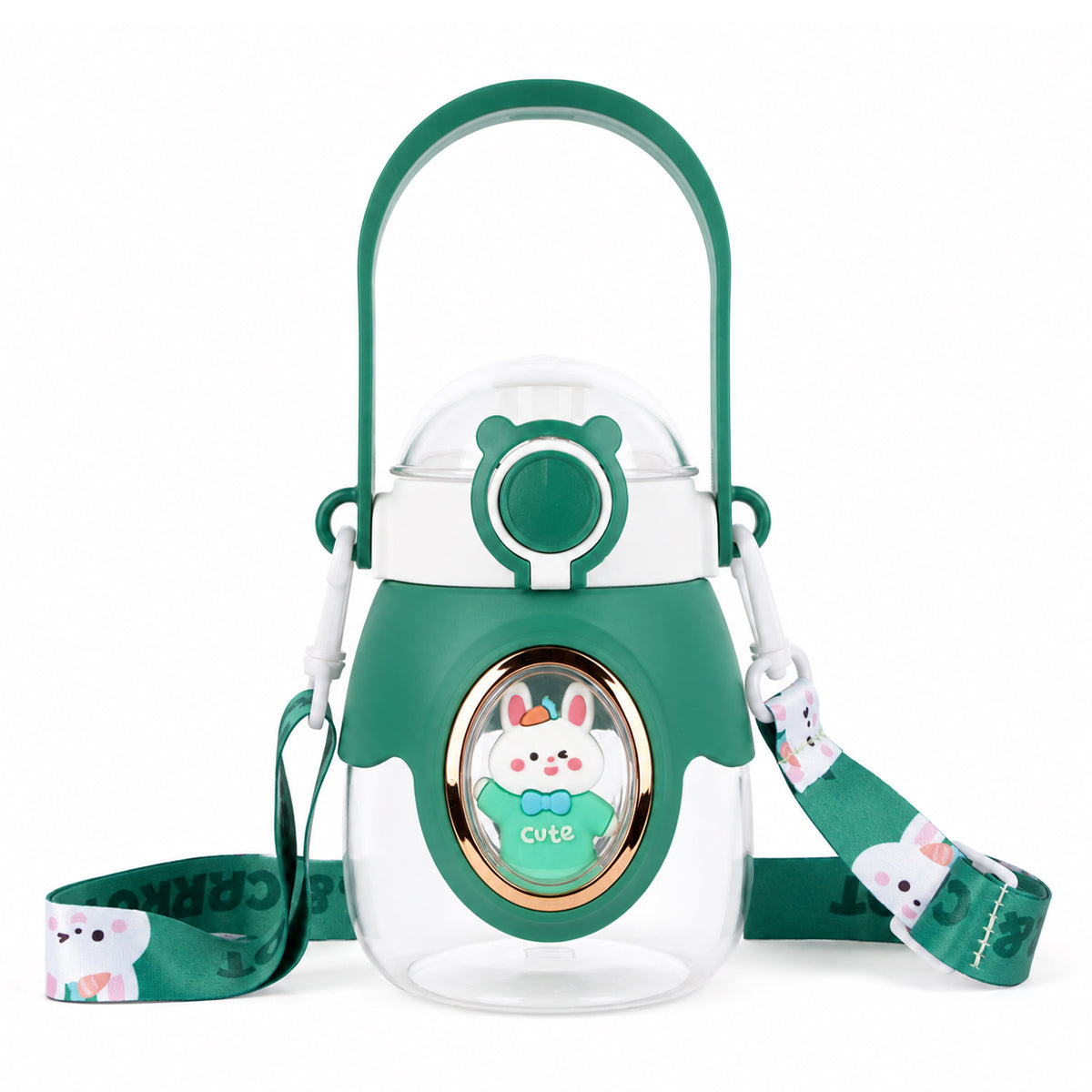 Happy Bunny Water Bottle – 850ml Cute Reusable Straw Bottle with Shoulder Strap