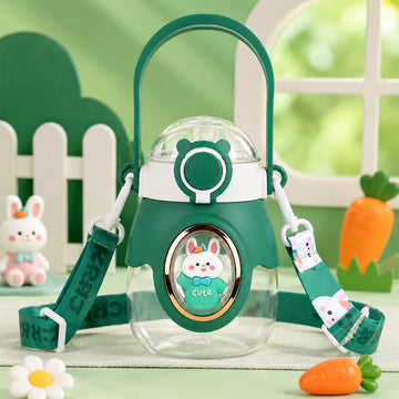 Happy Bunny Water Bottle – 850ml Cute Reusable Straw Bottle with Shoulder Strap