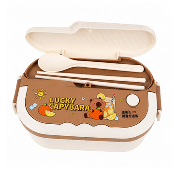 Brown and White Stainless Steel 2-Compartment Lunch Box with Spoon Set