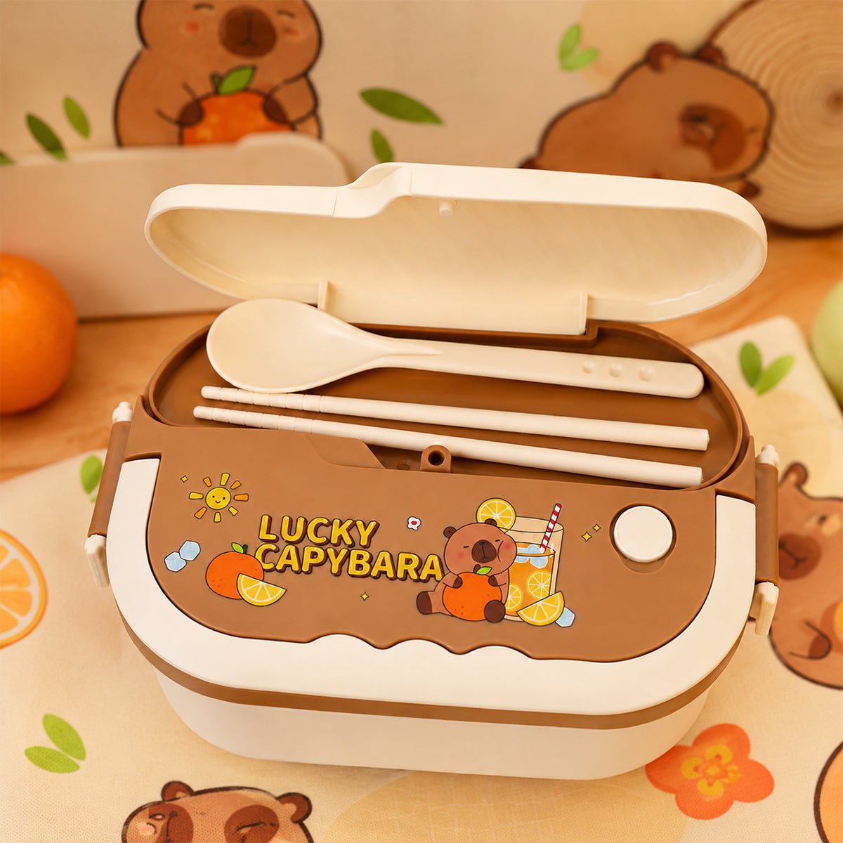 Brown and White Stainless Steel 2-Compartment Lunch Box with Spoon Set