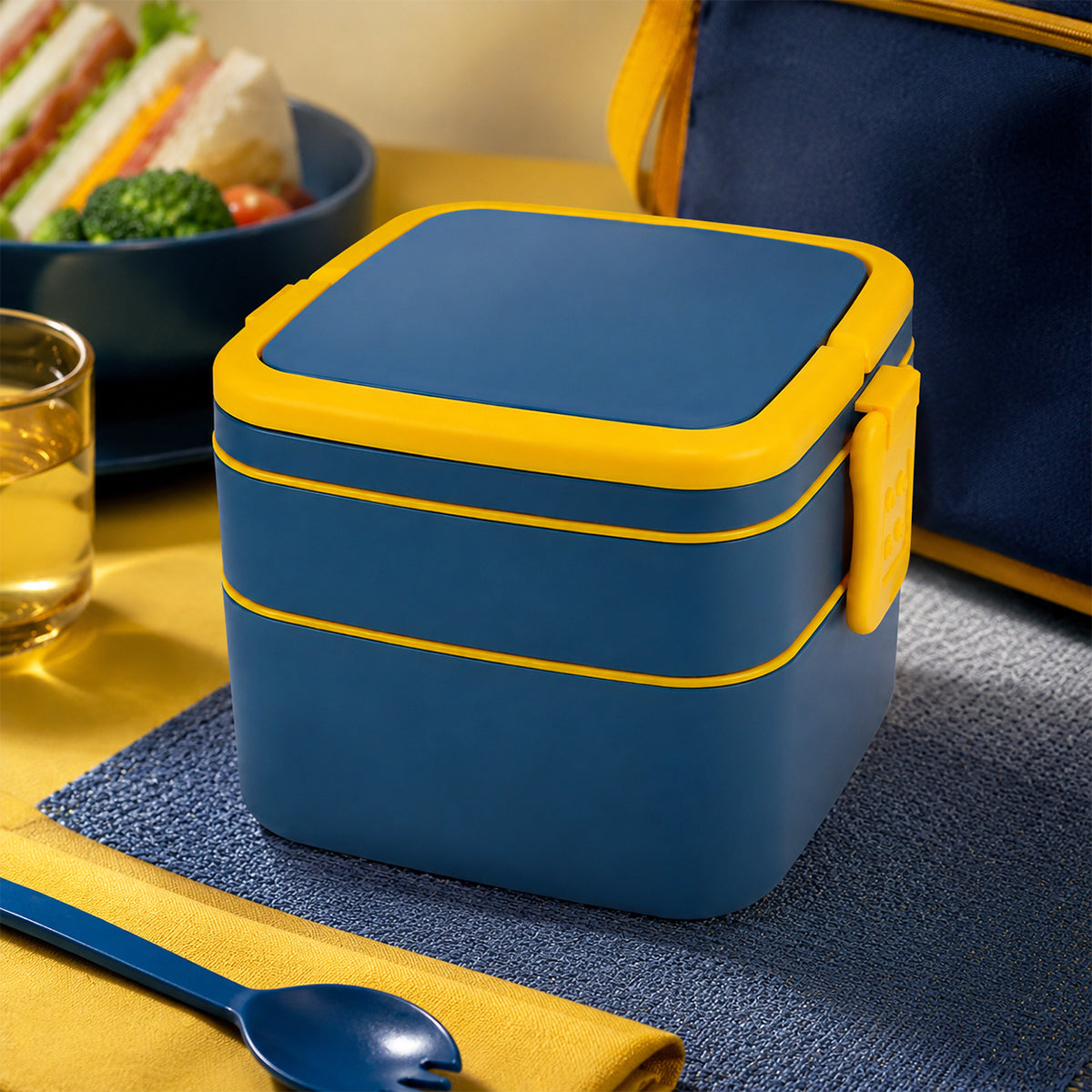 Double Layer Square Shape Lunch Box with Secure Lock Clip