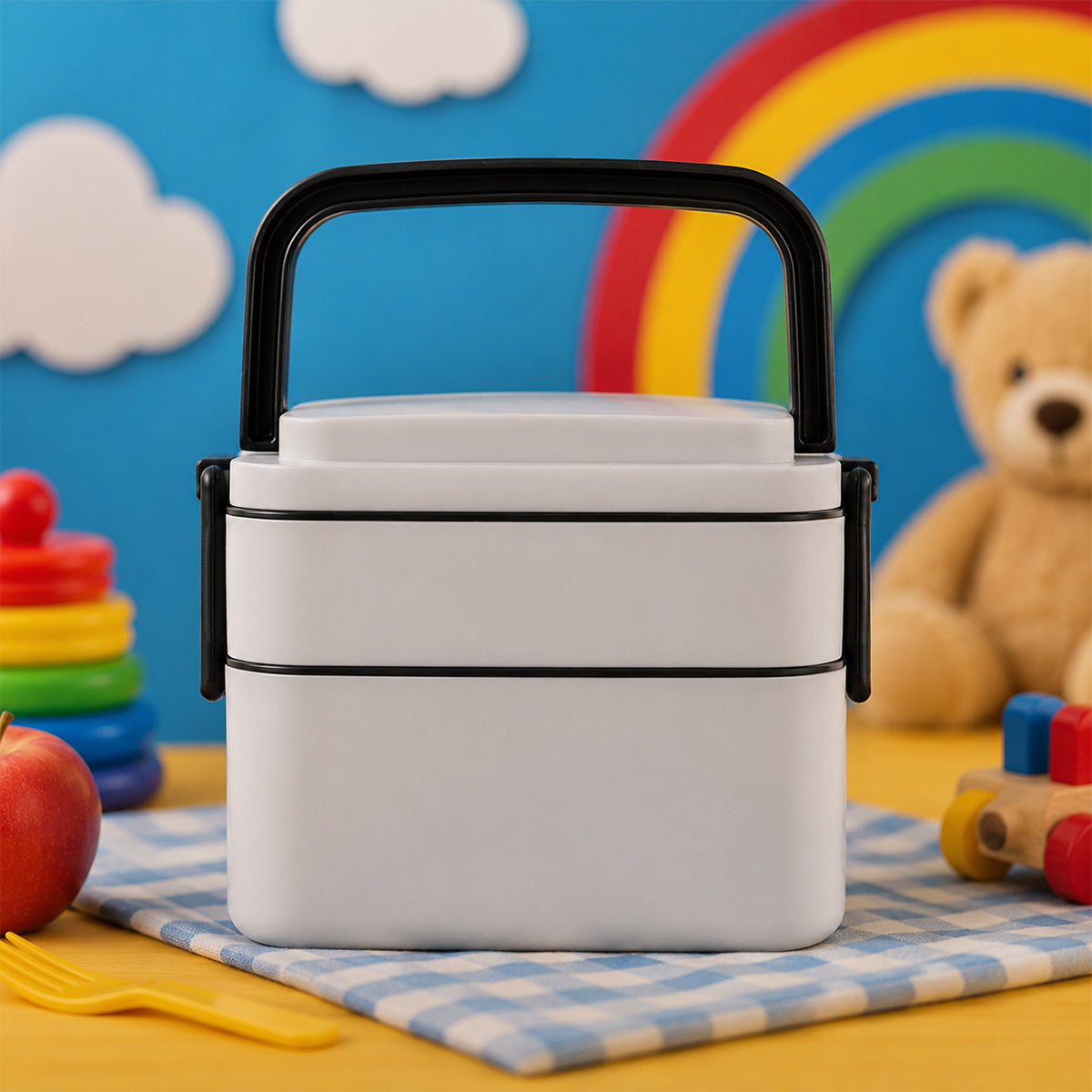 Double Layer Square Shape Lunch Box with Secure Lock Clip