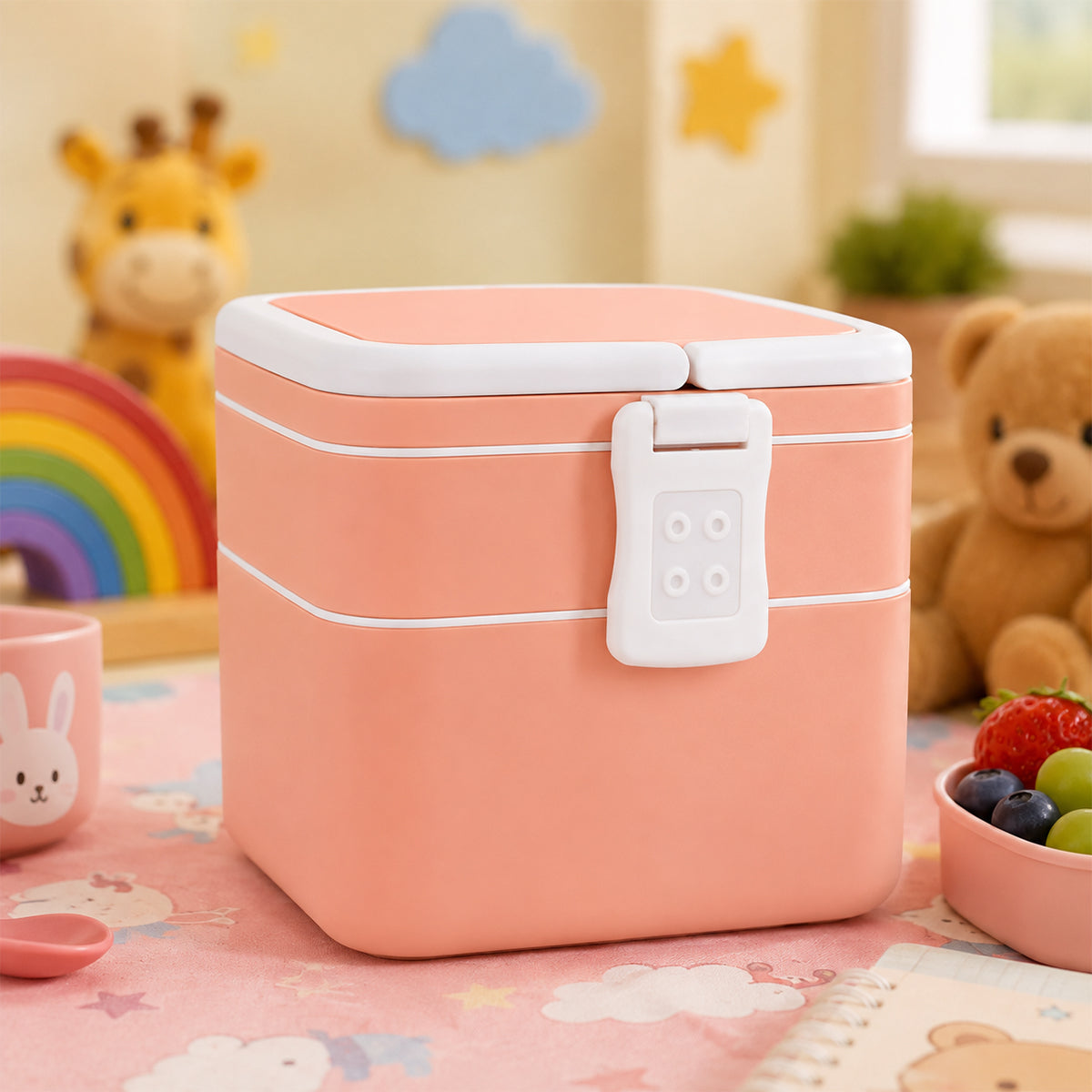 Double Layer Square Shape Lunch Box with Secure Lock Clip