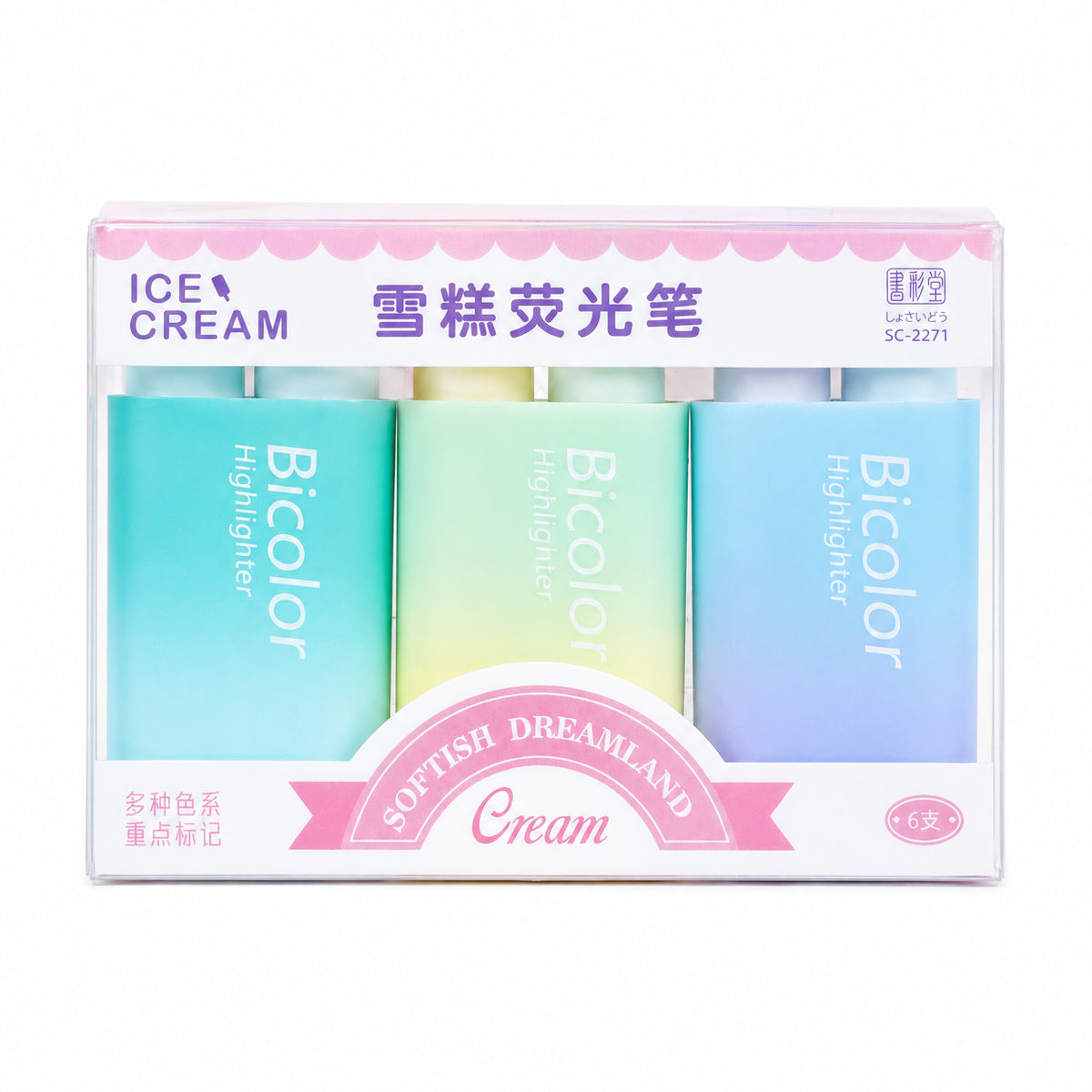 Ice Cream Pastel Dual-Tip Highlighters – 3 Pens, 6 Colours