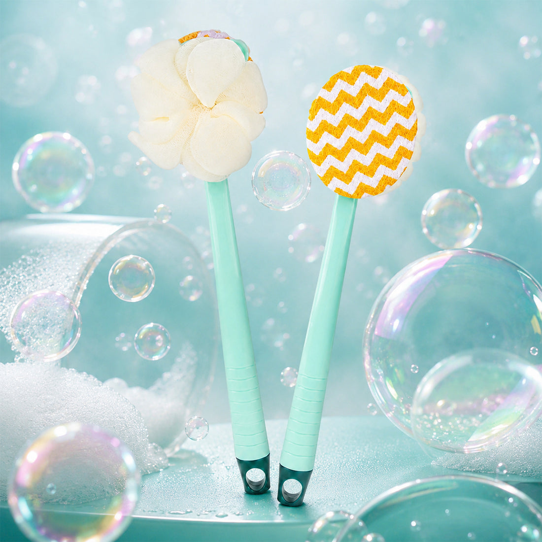 2-in-1 Long Handle Bath Brush with Soft Mesh Loofah & Bristles – Back Scrubber for Shower by The Writershub