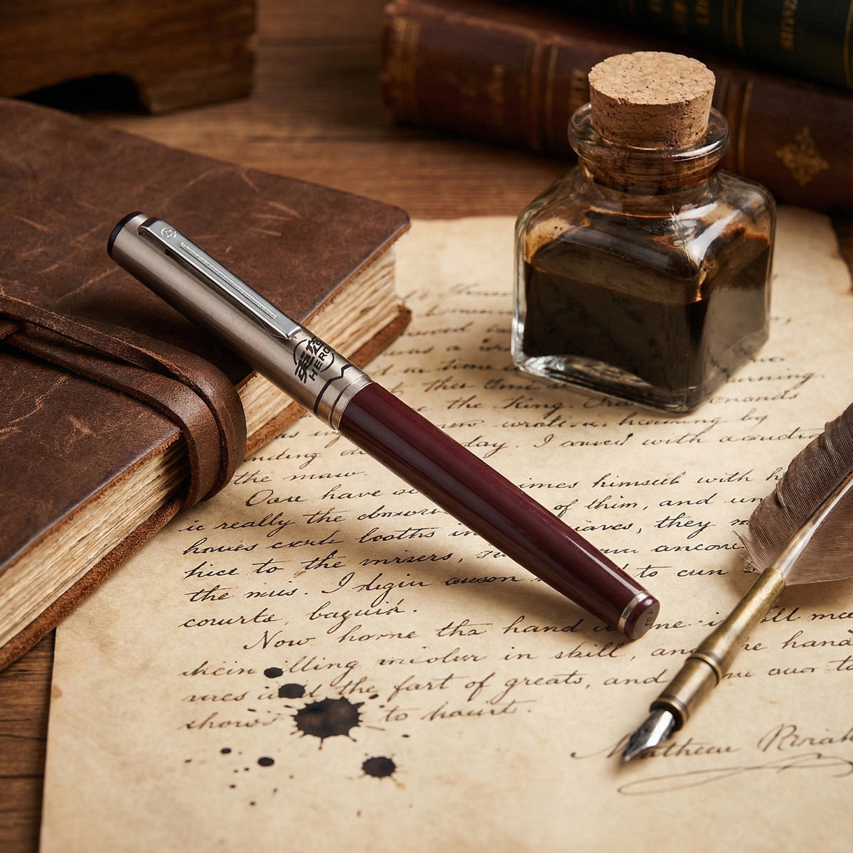 Hero 240 Maroon Aerometric Fine Nib Fountain Pen - Classic Design