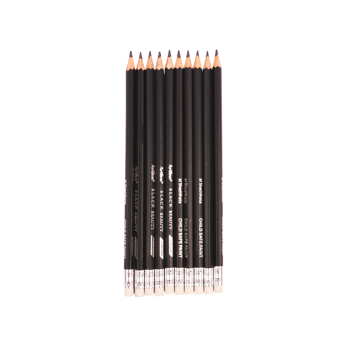 Love Art Ultra Dark Black Pencils Set with Eraser Tips & Free Sharpener (Pack of 10)