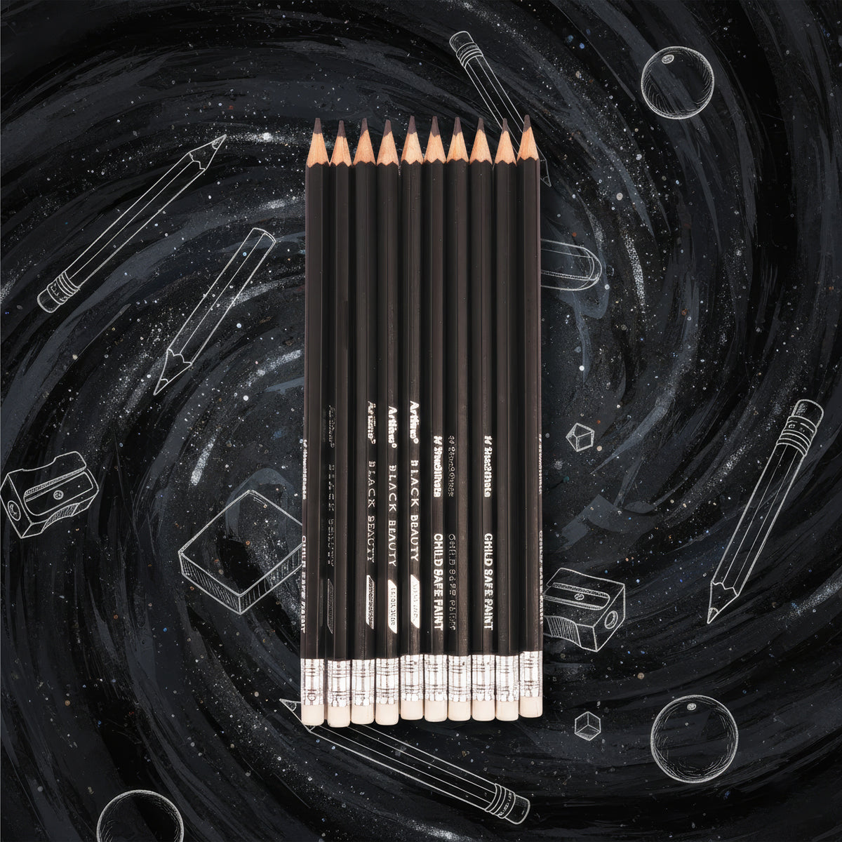 Love Art Ultra Dark Black Pencils Set with Eraser Tips & Free Sharpener (Pack of 10)
