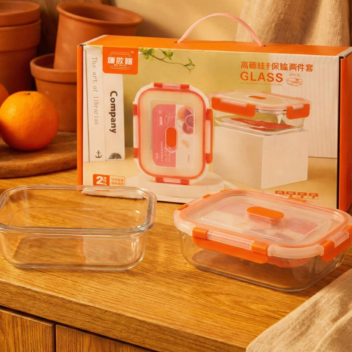 The Writershub Red Lid Square Glass Food Storage Container Set (620ml, 2 Pieces)