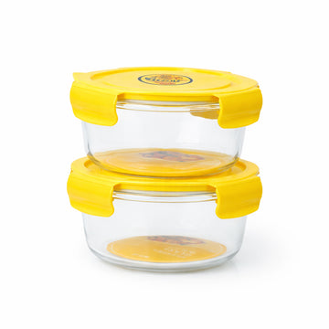 The Writershub Yellow Lid Round Glass Food Storage Container Set (620ml, 2 Pieces)