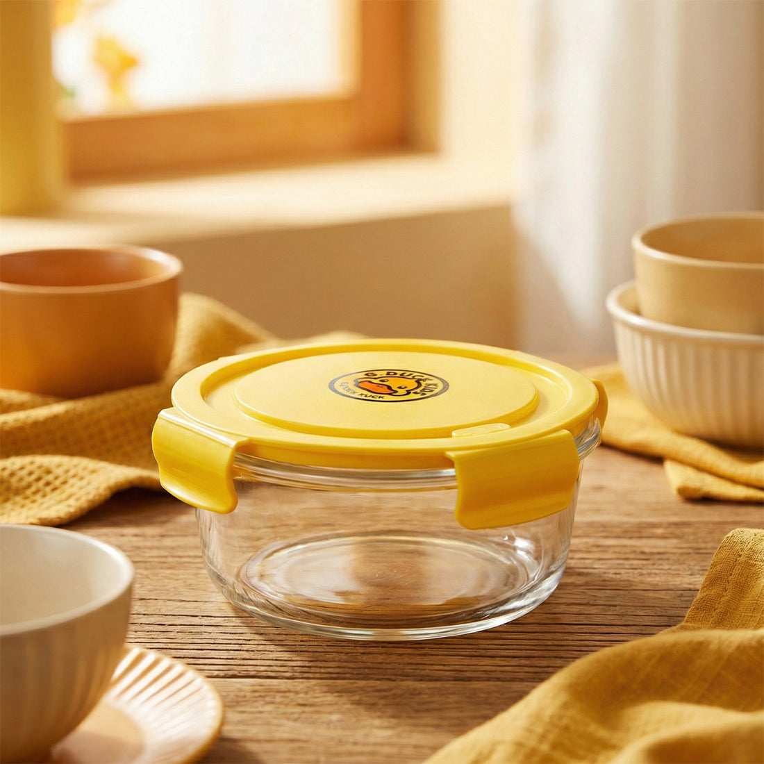 The Writershub Yellow Lid Round Glass Food Storage Container Set (620ml, 2 Pieces)