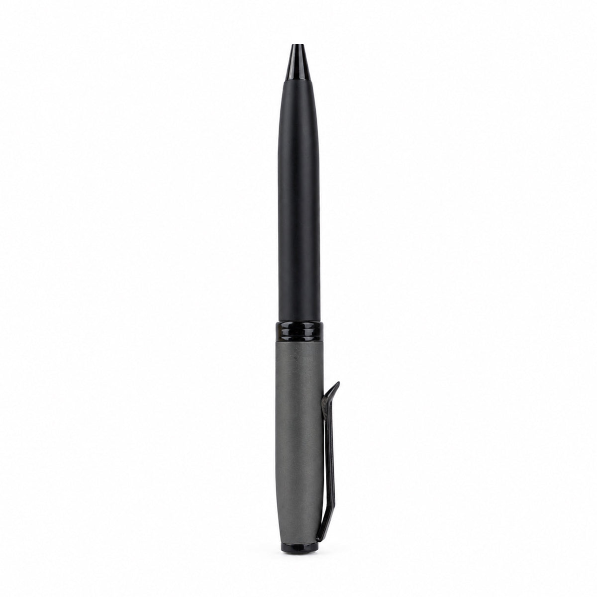 The Writershub Matte Black and Grey Twist Ball Pen with Black Clip — Twist Mechanism, Blue Ink