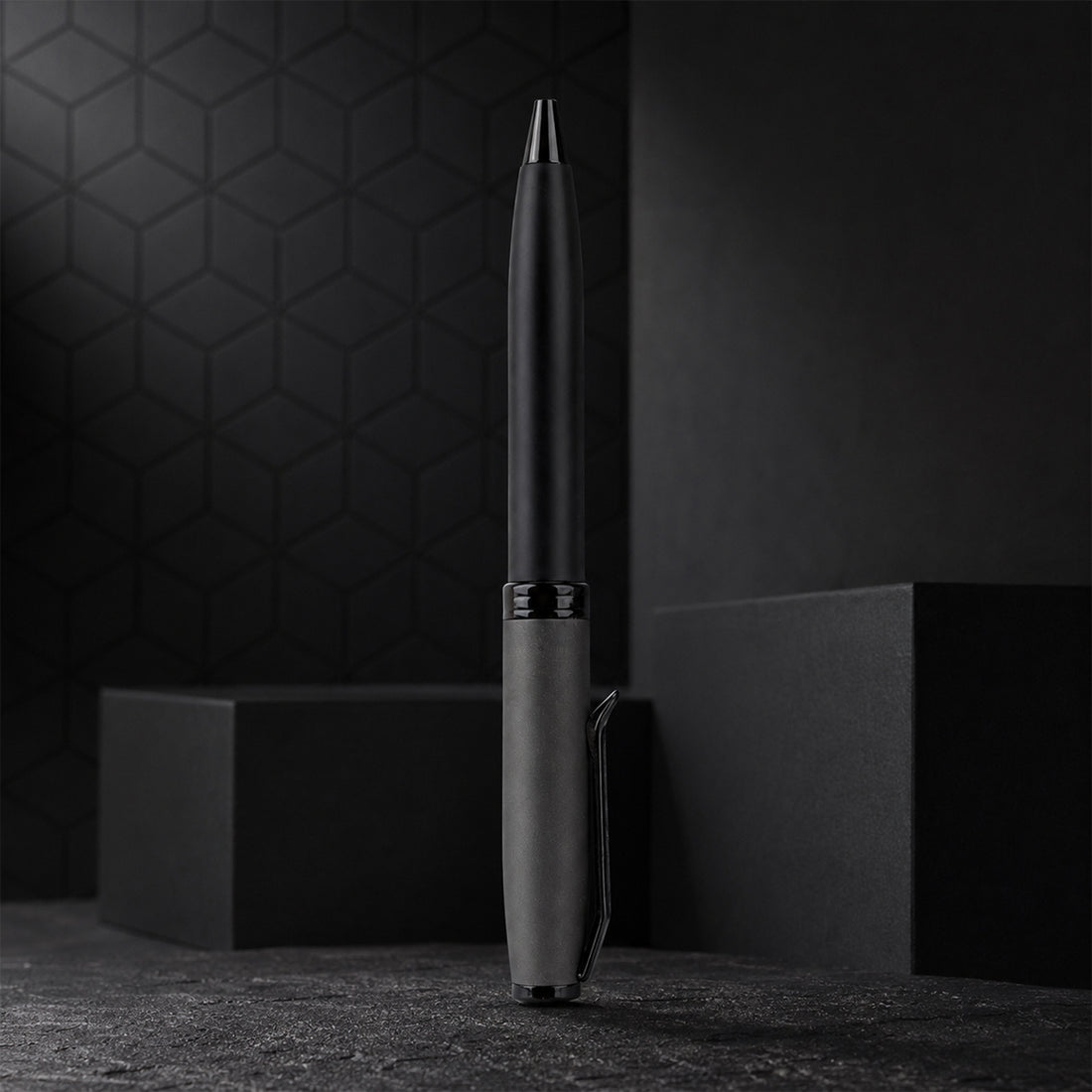The Writershub Matte Black and Grey Twist Ball Pen with Black Clip — Twist Mechanism, Blue Ink