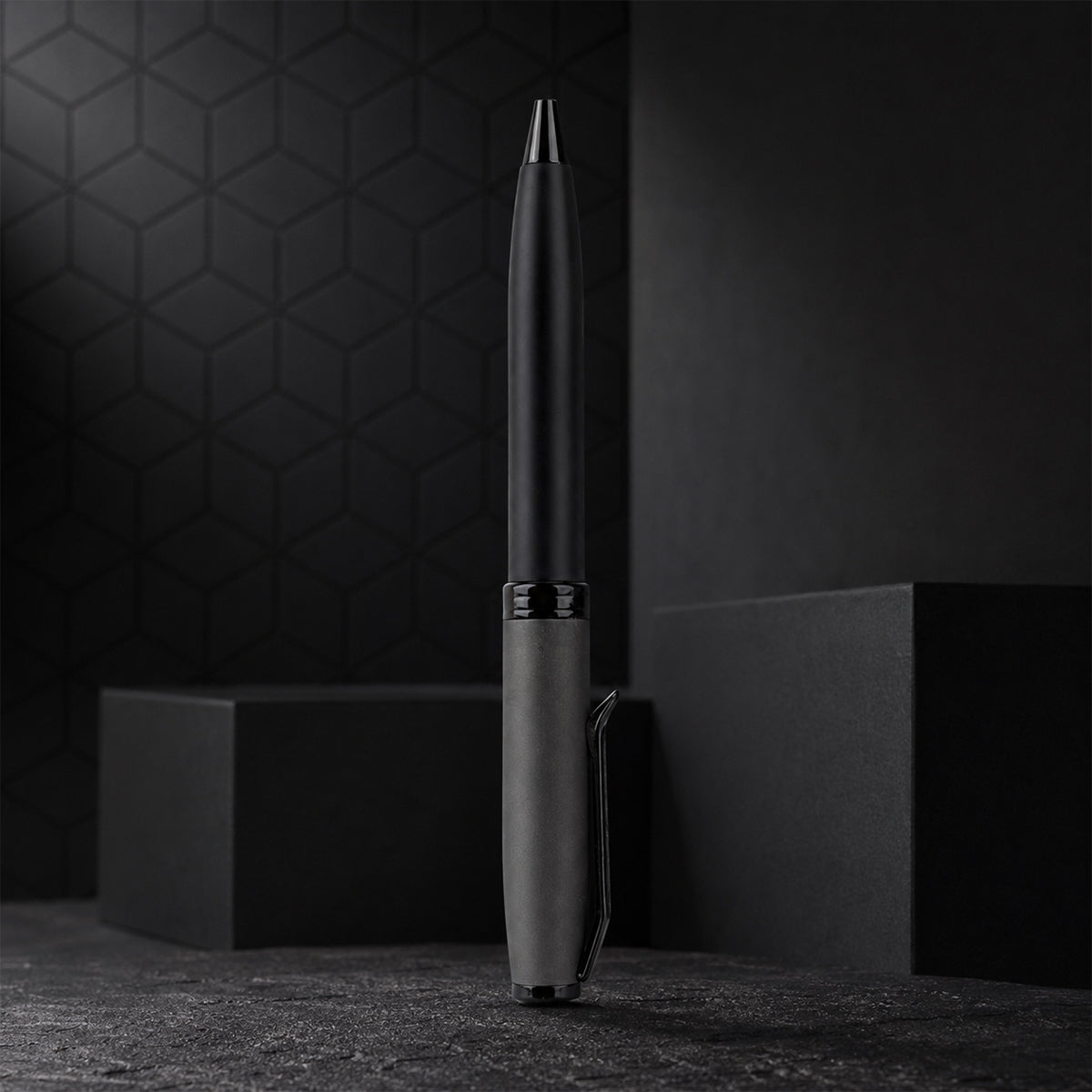 The Writershub Matte Black and Grey Twist Ball Pen with Black Clip — Twist Mechanism, Blue Ink