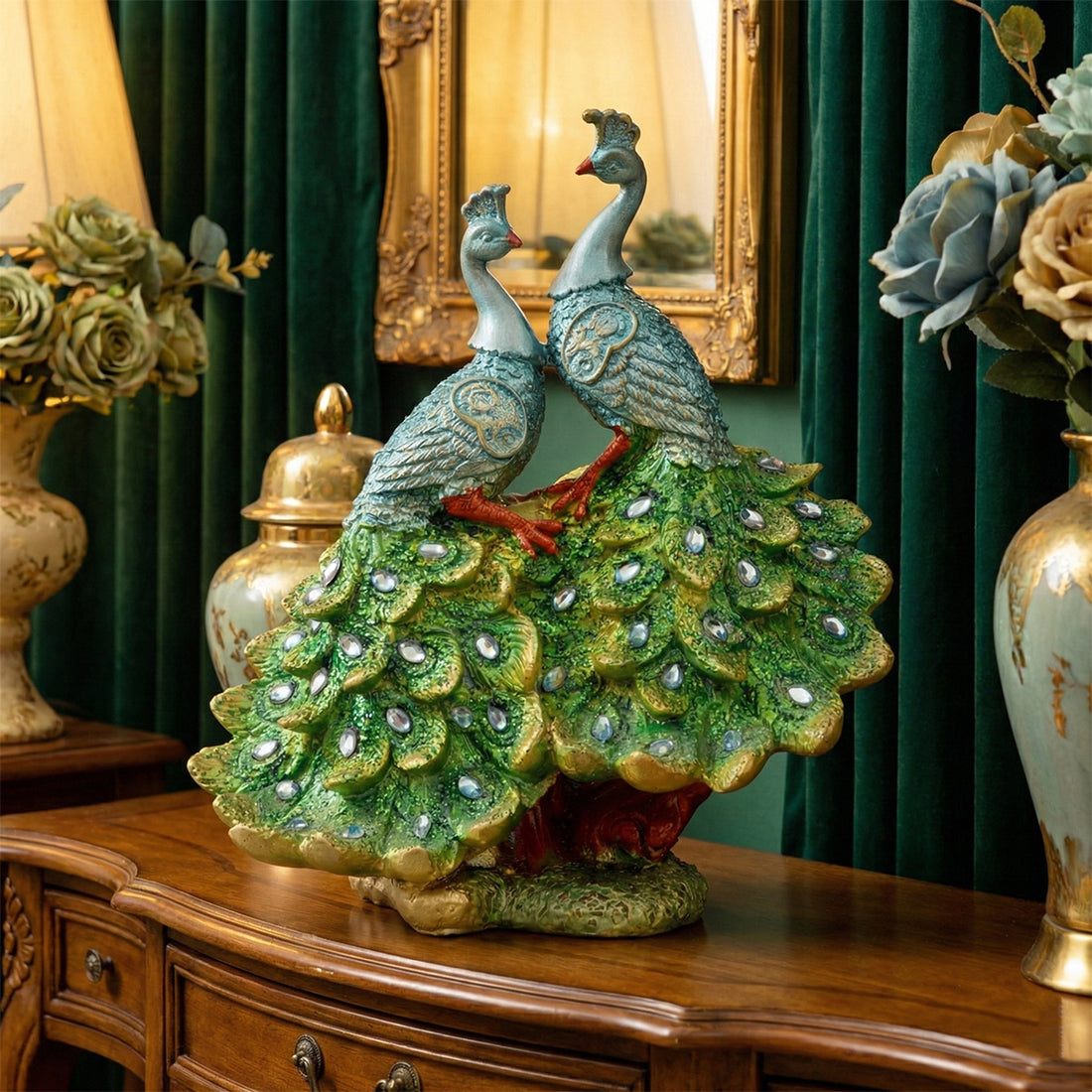 White & Gold Balakrishna with Peacock — Marble Finish Idol Showpiece