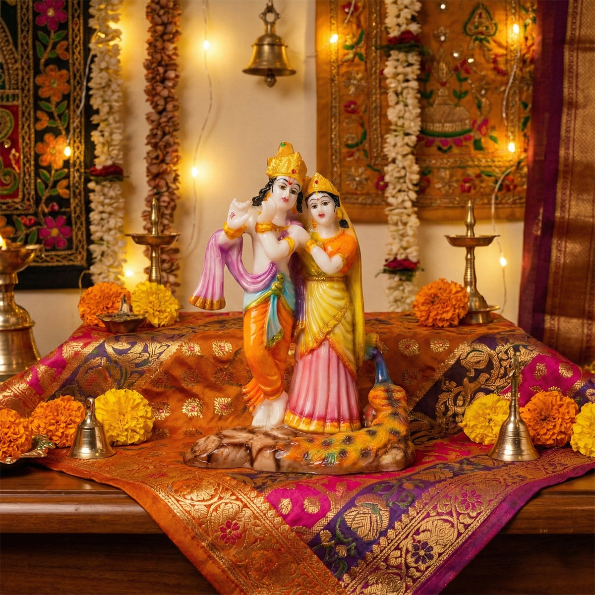 The Writershub Colourful Radha Krishna with Peacock Showpiece - Multicolour Resin Idol