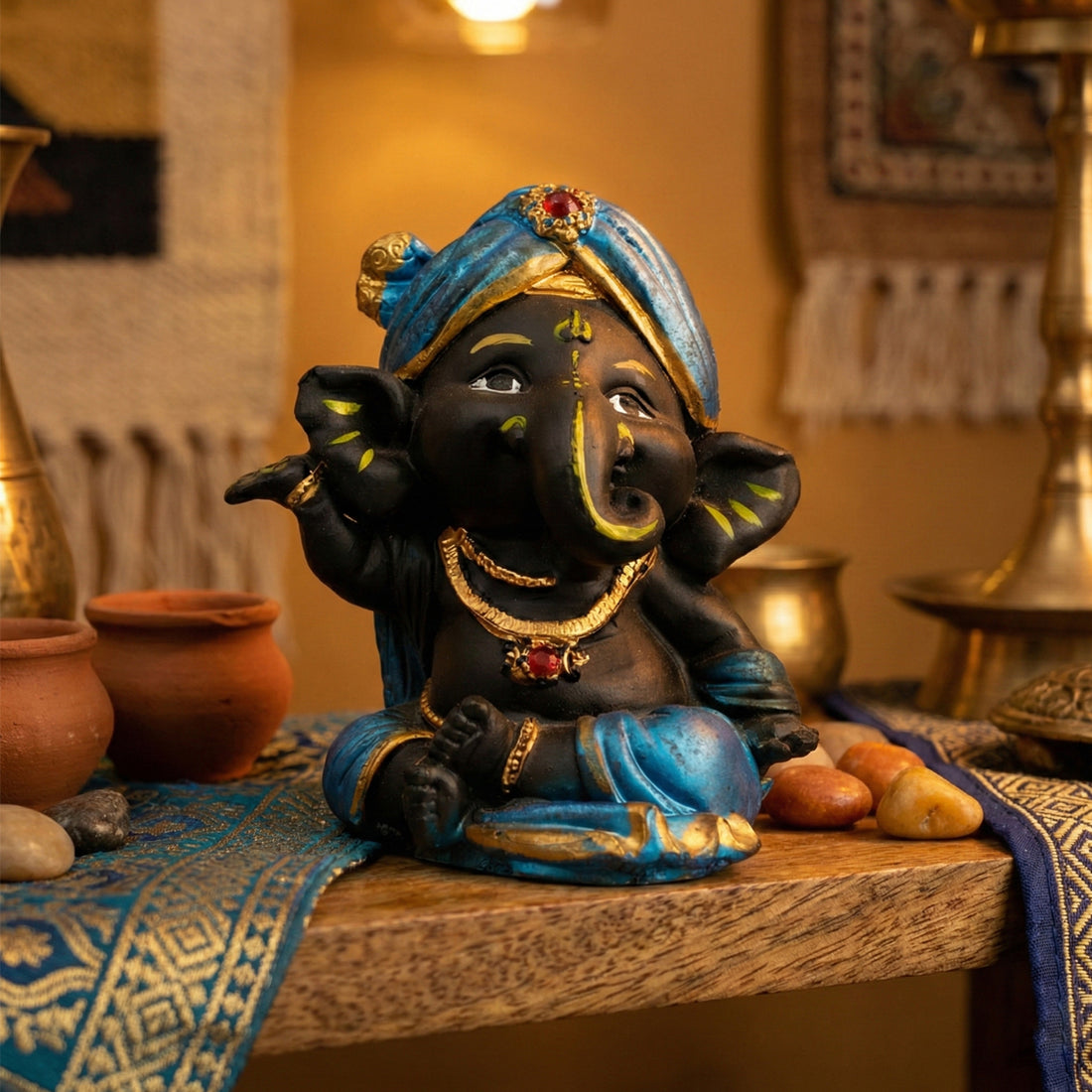 The Writershub Matte Black Blessing Hand Pose Ganesha Statue