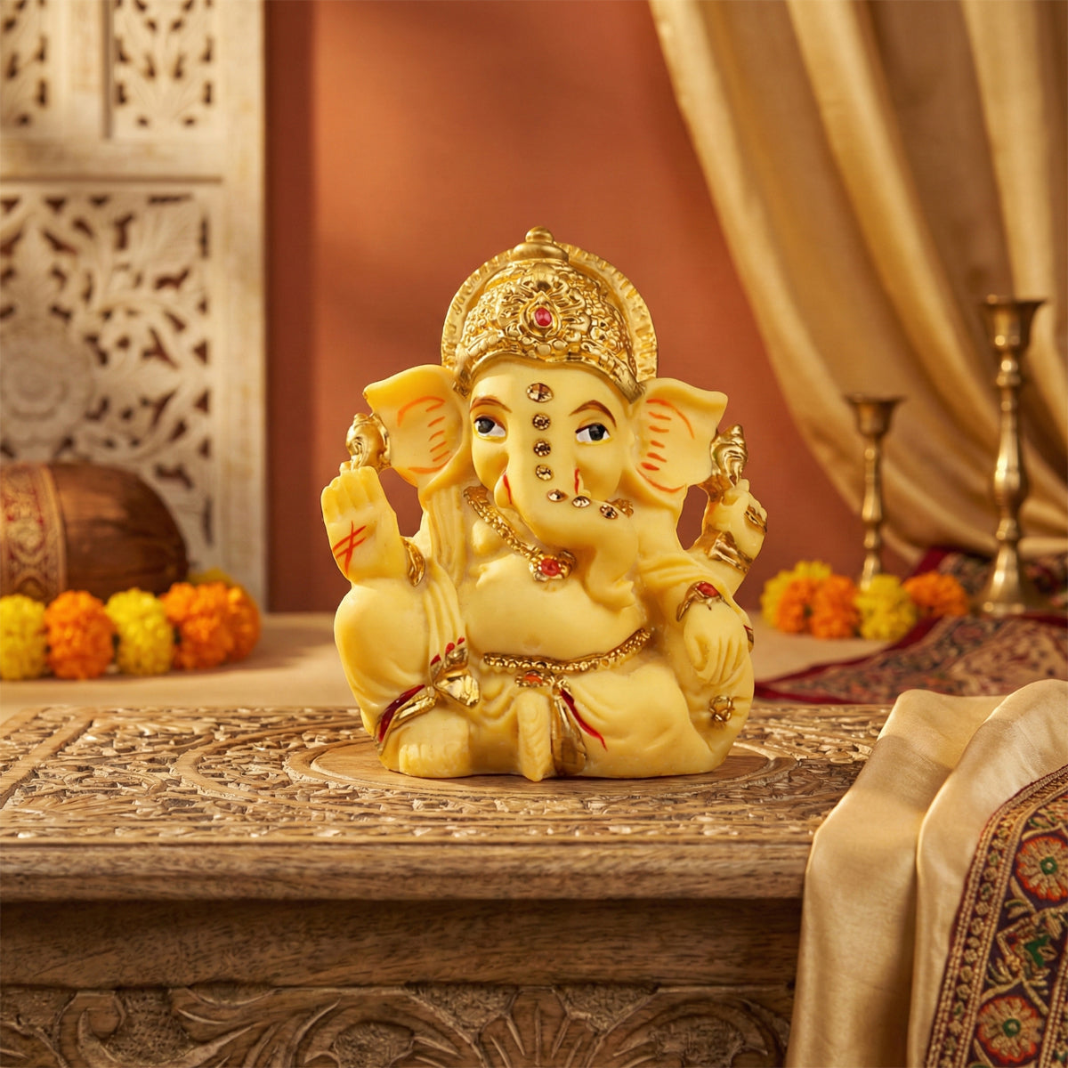 The Writershub Yellow Sparkling Gem-Studded Ganesh Murti Showpiece - 7cm Polyresin Idol
