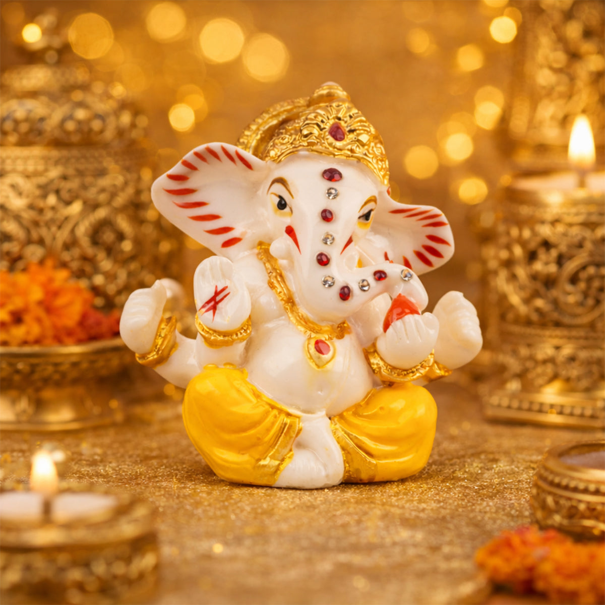 The Writershub Ganesh Murti with Stone Work Showpiece - White Golden Polyresin