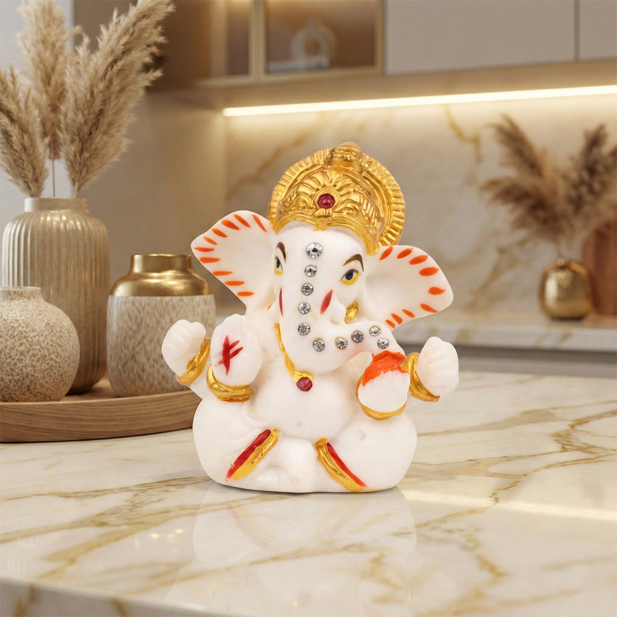 The Writershub White Sparkling Gem-Studded Ganesh Murti Showpiece - 7cm Polyresin Idol