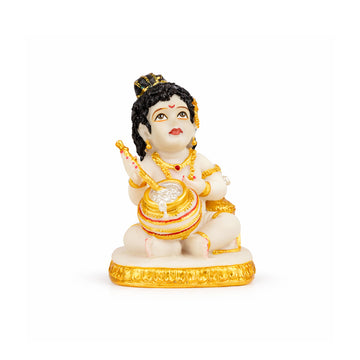 The Writershub Bal Krishna with Butter Pot Showpiece - White Golden Polyresin Idol